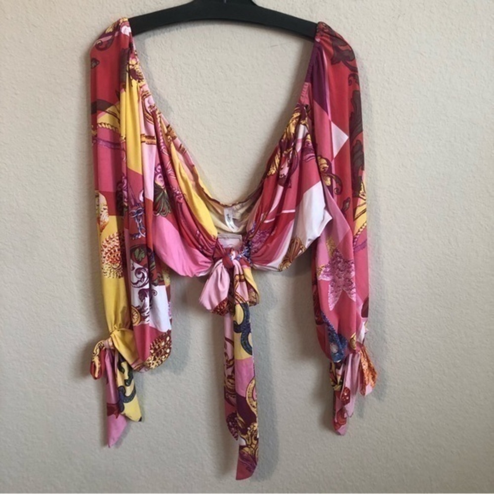 Goodtimeusa Crop Top Tie Front Pink Colorblock Sea She’ll Print Gypsy Boho NWT